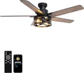 52 Inch Flush Mount Ceiling Fans with Lights and Remote Control, Low Profile Farmhouse Ceiling Fan for Bedroom Living Room and Patio, Black Caged Ceiling Fan for Indoor and Outdoor（NO BULBS）