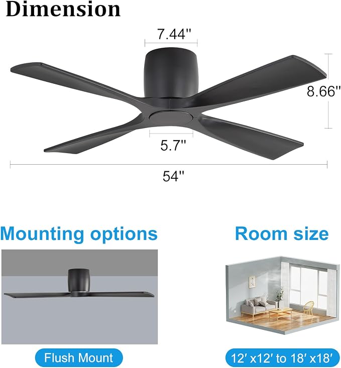 WINGBO 54 Inch Ceiling Fan Without Light, Solid Wood Flush Mount Ceiling Fan with Remote Control, Reversible DC Motor, 4 Blades, 6-Speed Quiet Performance, for Bedroom & Living Room, Black