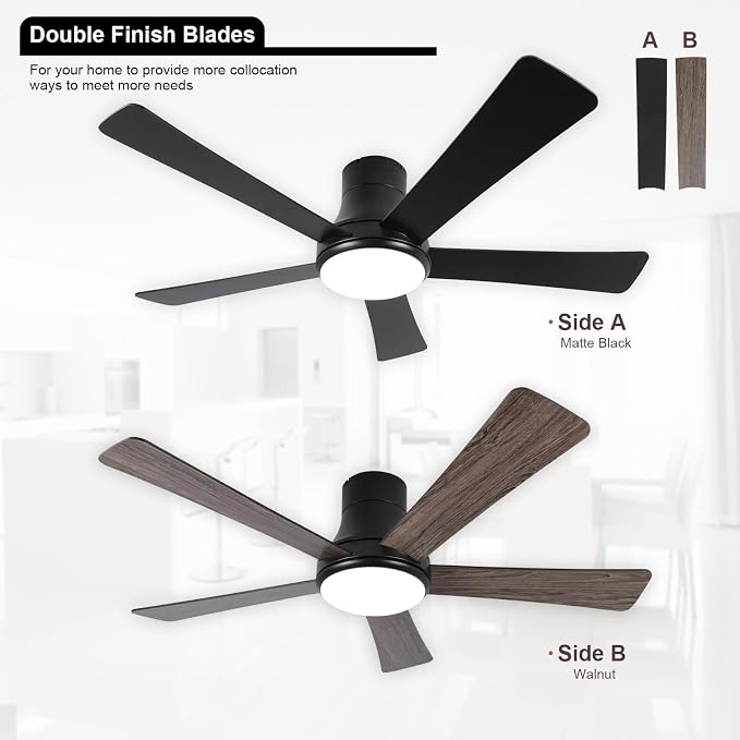 52 Inch Ceiling Fans with Lights and Remote, Flush Mount Black Ceiling Fan, 5 Blades, Dimmable, Reversible Motor, 3-Color Temperatures, 6 Speeds for Bedroom, Living Room, Patio