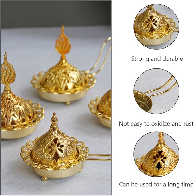 Veemoon Arabian Incense Burner, Frankincense Cone Charcoal Burner Vintage Bakhoor Arabian Diffuser Metal Oud - Stove Cover and Bowl - Gold Aroma Incense for Home Decoration