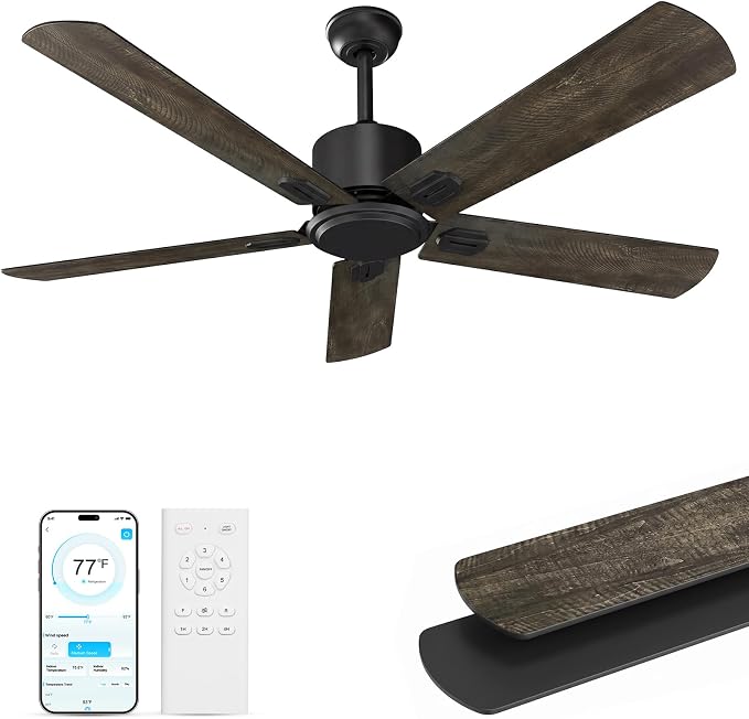 Obabala 52 Inch Ceiling Fan No Light, Modern Black Ceiling Fan Without Light with Remote & APP, Quiet Reversible DC Motor, 6-Speeds, for Living Room, Bedroom, Patio (Black+Brown)