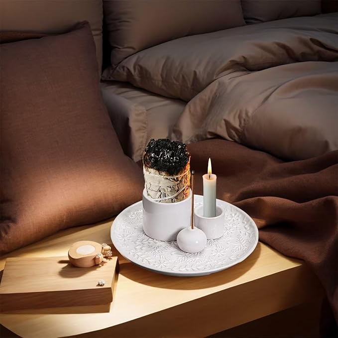 Incense Burner, Sage Palo Santo Candle Sticks Holder for Burning with Ash Catcher Tray, Handmade Ceramic Multi-Use Aromatherapy Tray for Meditation, Yoga, Home Decor (White)