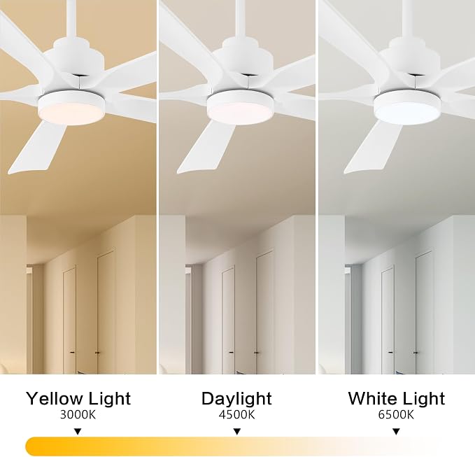 ELEHINSER 52" Modern Ceiling Fan with Light and Remote Control, 5 Solid Wood Blades 6-Speed Noiseless Reversible DC Motor, Ceiling Fan for Bedroom Dinning Living Room, White