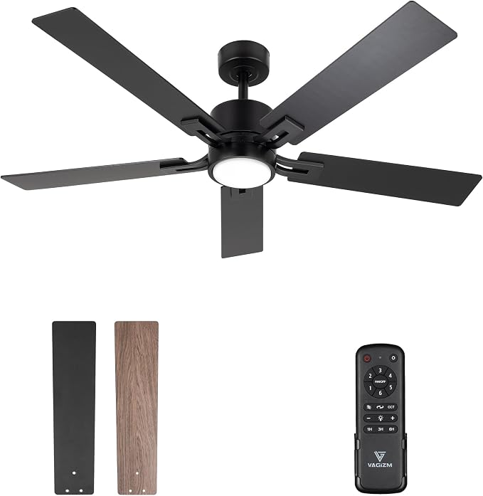 Ceiling Fan with Light for Bedroom: 52 Inch Modern Ceiling Fans with Dimmable Tri-Color Temperature LED - Quiet Reversible DC Motor - Indoor Outdoor Paito Sloped Roof Use (Matte Black)
