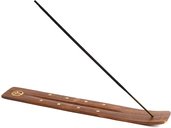 Wooden Incense Holder for Sticks with Inlays of Brass Peace 10 inches Long