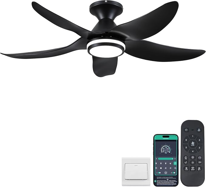 Kviflon 46 inch Ceiling Fans with Lights and Remote/APP Control, Modern Flush Mount Ceiling Fans with 5 Reversible Blades 6 Speeds, 3 Colors Dimmable+Ring Lights for Bedroom Dining Room, Black