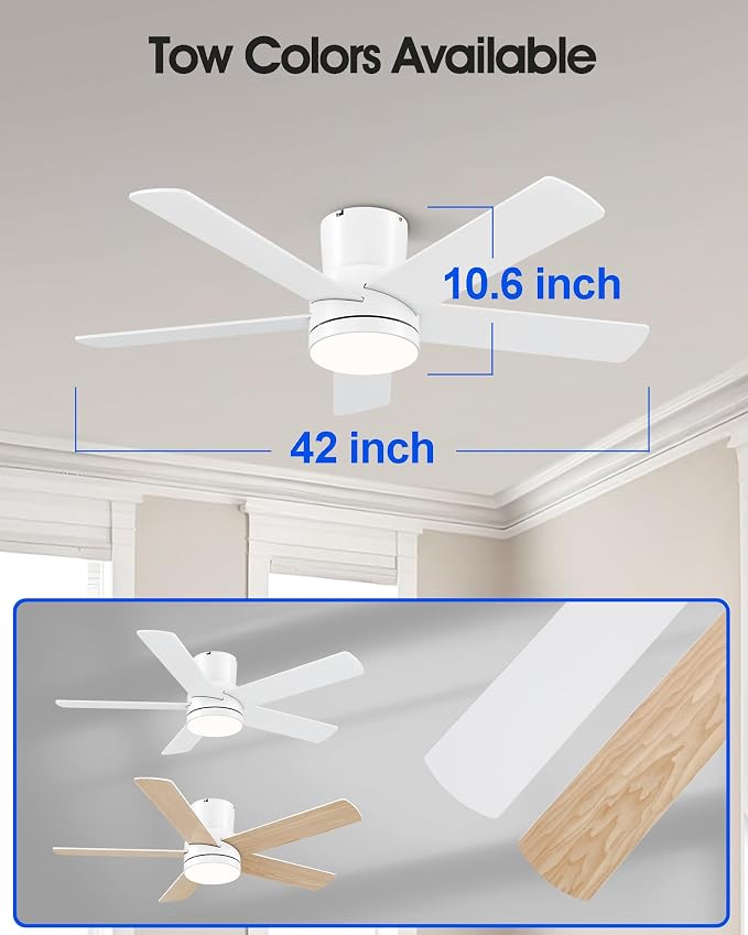 42 Inch Flush Mount White Ceiling Fan with Light and Remote | 6-Speed Quiet Reversible DC Motor, Dimmable 3CCT LED, 3 Timing Settings, 5-Blade Modern Design, Indoor or Covered Outdoor Use