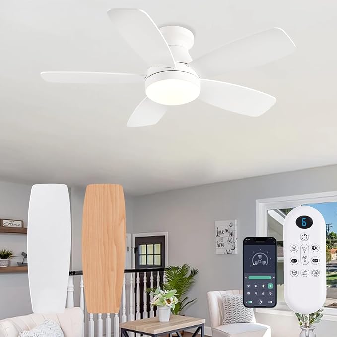 FUMLTP 42inch Flush Mount Ceiling Fans with Lights and Remote/APP Control, Dimmable LED, Reversible DC Motor, Noiseless, Low Profile White Ceiling Fan for Livingroom, Indoor/Outdoor Use