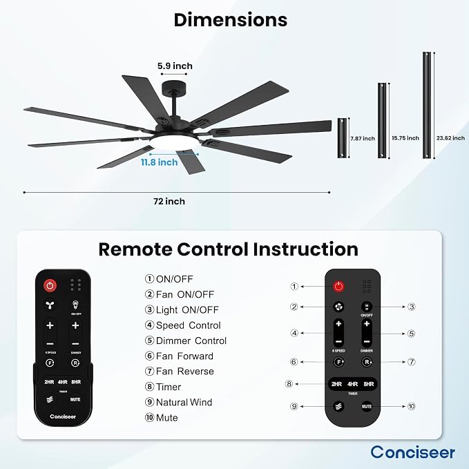 72 Inch Ceiling Fans with Lights and Remote, Dual Color 8 Blades, Bedroom Living Room Office Library Cafe Outdoor Industrial, 3CCT Dimmable, 6 Speed Reversible Quiet DC Motor, Black/Wood Grain