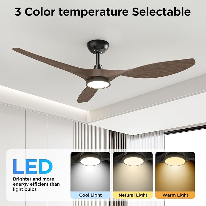 Roomratv Ceiling Fans with Lights and Remote Control,Quiet Noiseless Reversible DC Motor,6 Speeds,Timers, 3 CCT, Indoor Use, Plastic Blades,52 Inch Black Wood Grain Modern Ceiling Fan for Living Room