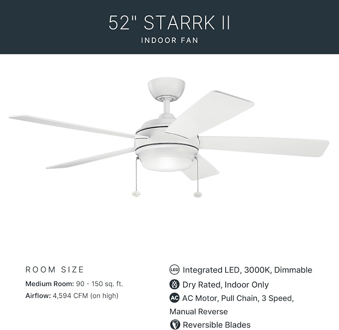 Kichler Starkk 52 in LED Ceiling Fan with Light, 5 Blade Modern White Ceiling Fan with Integrated LED Light and Downrod for Bedroom, Living Room, Kitchen, Dining Room, 330174MWH