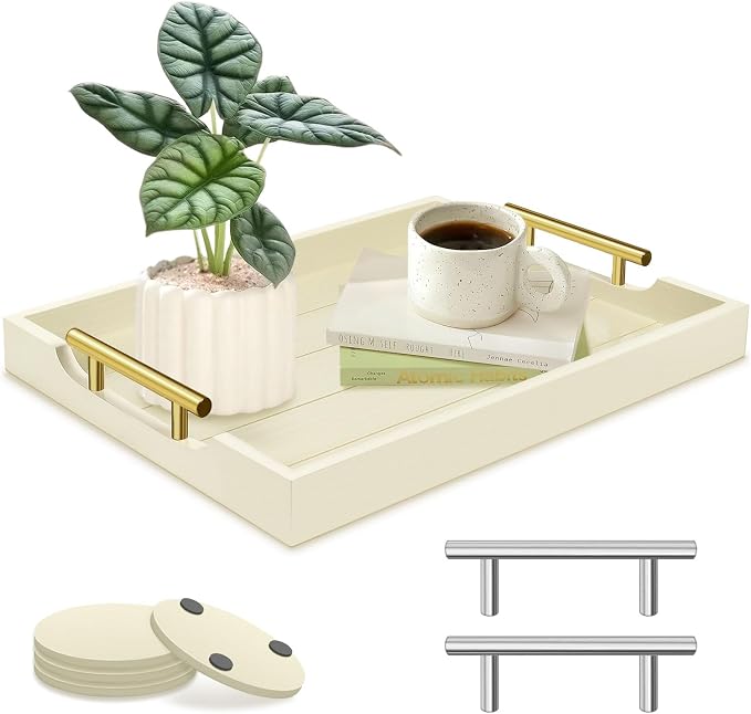 SXNOWS Wooden Serving Tray with 2 Sets of Handles,Cream | Rectangle 16.5x13 Inch Ottoman Decorative Tray for Coffee Table Kitchen Bar Living Room Breakfast in Bed, 4 Coasters Included
