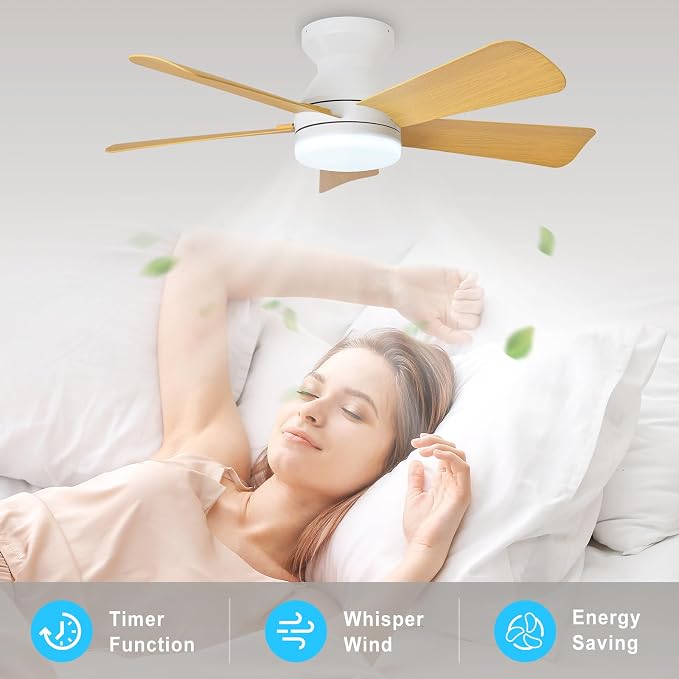 Depuley Modern Ceiling Fan with Light: 35-Inch White Small Fans for Bedroom Indoor Outdoor - Dimmable Low Profile Ceiling Fans with Remote Control Flush Mount 5 Reversible Wood Blades 6 Speeds Timer