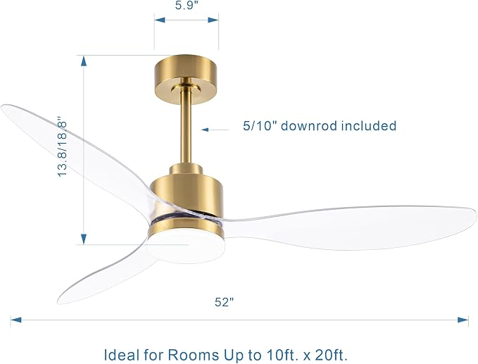 52 Inch Ceiling Fans with LED Light Remote Control, Modern Ceiling Fan with Reversible DC Motor, 3 Blades and 3 Color Temperature, LED Light Chandelier for Bedroom (Gold & 3 Transparent Blades)