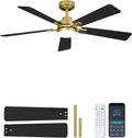 52 Inch Ceiling Fan with Lights and Remote, Downrod Mount, Sloped Ceiling Compatible up to 15°, Quiet Reversible DC Motor, 3CCT Dimmable LED, Gold Ceiling Fan for Bedroom Living Room