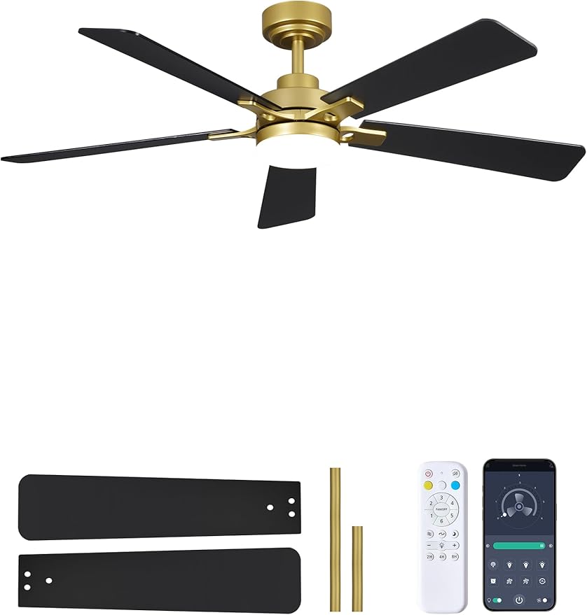 52 Inch Ceiling Fan with Lights and Remote, Downrod Mount, Sloped Ceiling Compatible up to 15°, Quiet Reversible DC Motor, 3CCT Dimmable LED, Gold Ceiling Fan for Bedroom Living Room