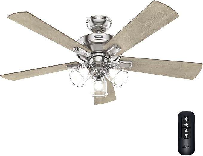 Hunter 52 inch Crestfield Brushed Nickel Ceiling Fan with LED Light Kit and Handheld Remote | with LED Lights and Remote Control, Standard Mount, For Bedroom, Living Room, Kitchen, 3 inch Downrod, 51858