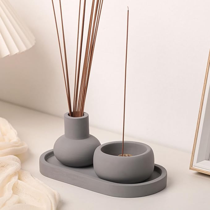 Concrete Incense Burner Set with Holder and Tray,Multifunction Incense Holder for Burning Sage,Palo Santo,Incense Sticks,Ideal for Meditation Home Decor(Grey)