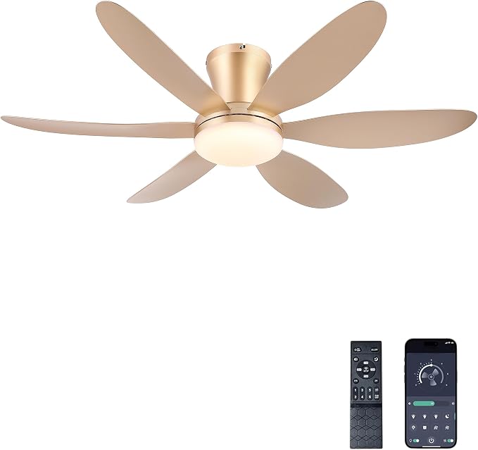 GJeg Ceiling Fans with Lights,42" Low Profile Ceiling Fan with Light and Remote Control,Flush Mount, Reversible, Dimmable, Noiseless,Gold Ceiling Fan for Bedroom