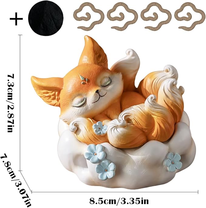 Cute Nine-Tailed Fox Decorative Incense Holder, Resin Sleeping Fox Figurine Cone Coil Incense Burner with Lid, Ash Catcher for Yoga Meditation Spa Home Office Aromatherapy Decor (Orange)