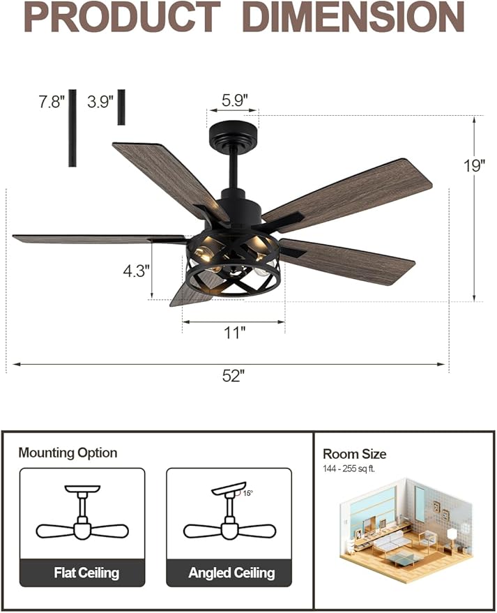 52 Inch Farmhouse Ceiling Fan with Light and Remote Industrial Ceiling Fan Quiet and Reversible DC Motor Rustic Caged Chandelier Fan for Living Room Bedroom Patio