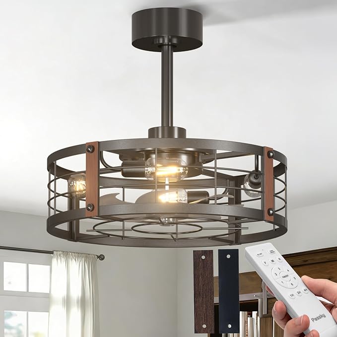 Passky 20 Inch Farmhouse Caged Ceiling Fans with Lights and Remote, Black Downrod Mount Bladeless Fandelier, 6 Speeds Bladeless Ceiling Fan Light for Bedroom, Kitchen, Living Room, Indoor