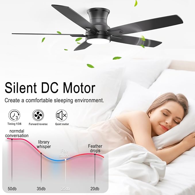 YUHAO 52 Inch Flush Mount Black Ceiling Fan with Light and Remote Control.Noiseless,Dimmable,3CCT,6 Speeds Reversible, Low Profile DC Ceiling Fans for Indoor or Covered Outdoor Use,ETL Listed