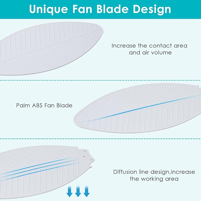 Surtime 46" White Ceiling Fans with RGB Lights - Flush Mount Ceiling Fan Light with LED 3CCT Dimmable, Tropical Palm Leaf Ceiling Fans for Indoor Party,Covered Outdoor