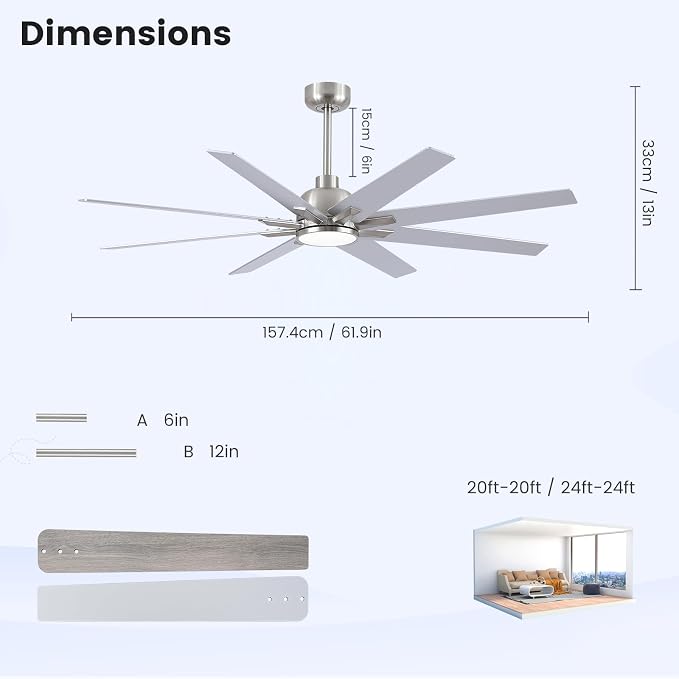 Newday 62 inch Brushed Nickel Ceiling Fan with Light & Remote, Indoor/Outdoor 8-Blade Fan, 6-Speed Silent Reversible DC Motor, 3CCT LED, Timer, 2 Downrods for Living Room/Patio