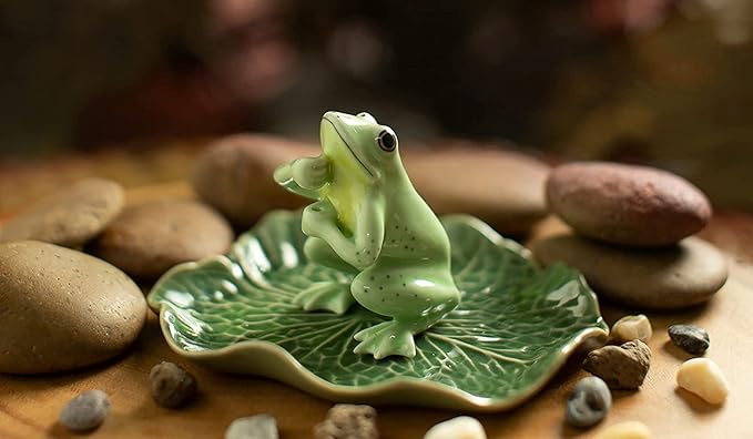 2" Dark Blue Frog On 4" Wide Lotus Leaf Ceramic Incense Stick Holder Artistic Collectible Figurine for Adult Collectors Interior Accent Gift Handcrafted Porcelain Home Room Decor
