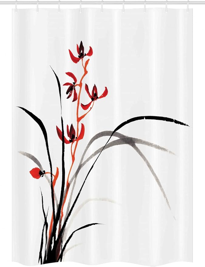 Ambesonne Japanese Stall Shower Curtain, Classic Cultural Chinese Ink Paint of Native Wild Orchids Reflexive Birches, Fabric Bathroom Decor Set with Hooks, 54" W x 78" L, Orange Black