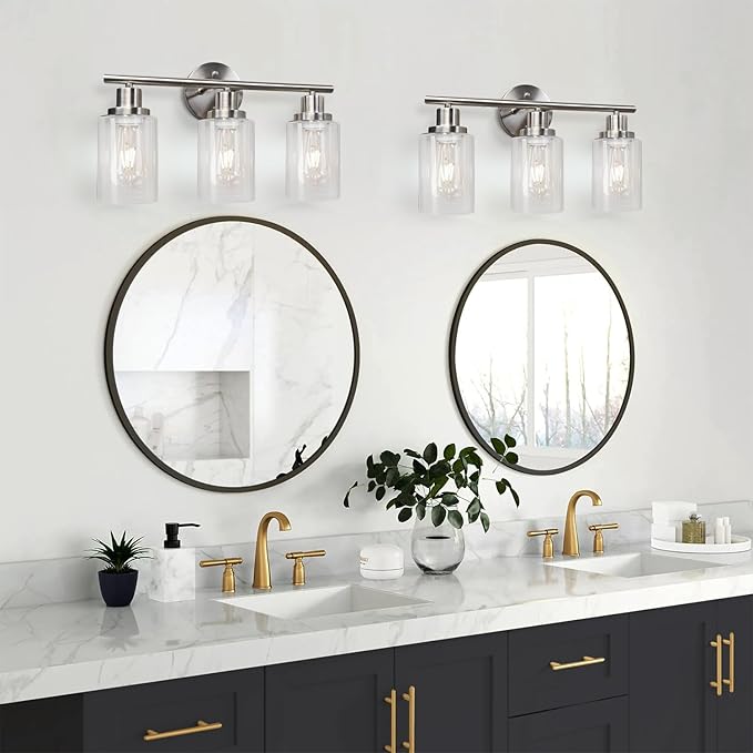 Unicozin 3 Light Vanity Lights, Brushed Nickel Wall Sconce Light with Clear Glass, Bathroom Light Fixtures, Wall Lights for Mirror, Living Room, Bedroom, Hallway, E26 Base (Bulbs Not Included)