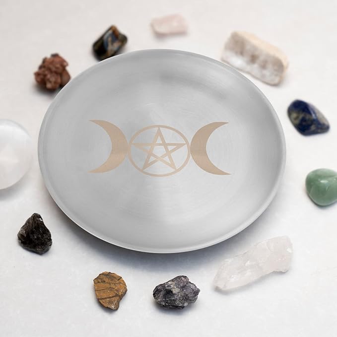 PRETYZOOM Altar Ritual Plate Dish Vintage Metal Offering Bowl Pentagram Moon Candle Holder Prayer Bowl Offering Plate Incense Burner Tray for Witchcraft Wiccan Tarot Supplies