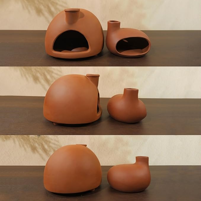 MOUGIGI Large Handmade Terracotta Palo Santo Holder - Chiminea Incense Dish with Chimney, Cone Burner for Sage, Ideal for Meditation, Zen, Yoga, Spa | Aromatherapy, Mindfulness, Altar Decor Gift