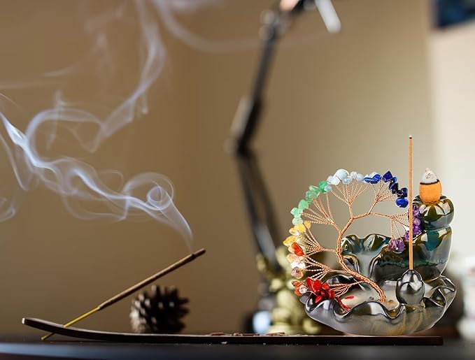 DUQGUHO Incense Holder Ceramic Backflow Incense Waterfall Burner Chakra Crystal Tree with 30 Burner Incense Cones for Room Home Zen Decor Meditation