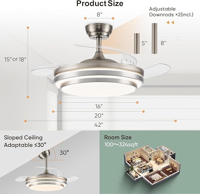 FIDGRA 42 Inch Fandelier Ceiling Fan with Light, Retractable Ceiling Fan with Lights for Bedroom Living Room Dinning Room, Chandelier with Fan 6 Speed, 3 Color Temperature-Brushed Nickel