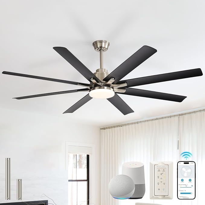 Sofucor Smart Ceiling Fans with Lights, 52'' Ceiling Fan with Light and Remote, Work with Alexa/Google, Black Indoor/Outdoor Ceiling Fan, Quiet DC Motor, 3CCT, 8 Blades Ceiling Fans for Bedroom Patio