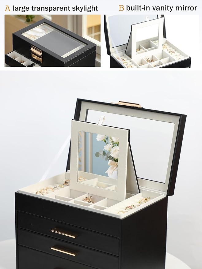 BOOVO Jewelry Boxes for Women, White and Black 6 Layer Large Jewelry Box for Necklace, Bracelet, Earrings, Rings Storage, Jewelry holder Organizer for Girls Gift (Clear Black, 4 layer)
