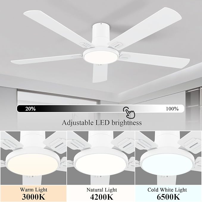 SNJ 60 Inch White Ceiling Fans with Lights and Remote,Flush Mount Low Profile 5 Blades Ceiling Fan,Dimmable Quiet Reversible DC Motor for,Living Room,Bedroom and Patio