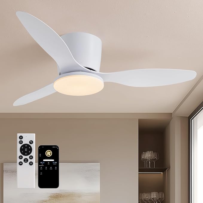 52 Inch Flush Mount Ceiling Fans with Lights and Remote Control, White Low Profile Ceiling Fan for Bedroom, Living Room,Office,Kitchen,Patios Indoor and Outdoor Use