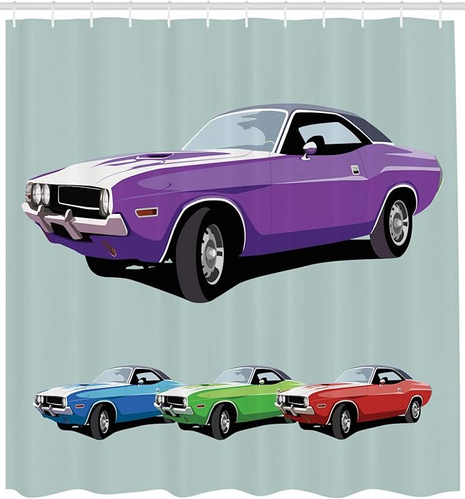 Ambesonne Manly Shower Curtain, American Muscle Car History Auto Sport Roadster Competition Generation, Cloth Fabric Bathroom Decor Set with Hooks, 69" W x 70" L, Purple Green Blue