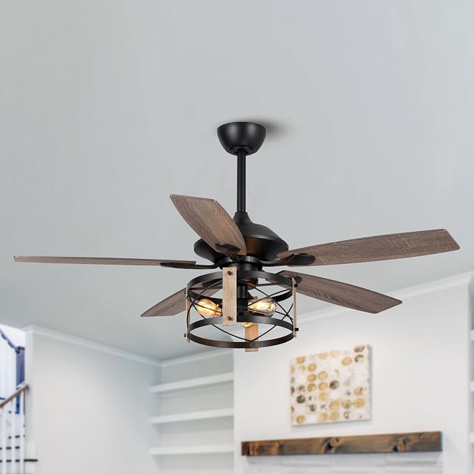 52 Inch Ceiling Fans with Lights & Remote Control, Farmhouse Caged Ceiling Fans 3 Speeds Adjustable, Reversible Motor with Timer Function, Outdoor Ceiling Fan for Living Room, Bedroom