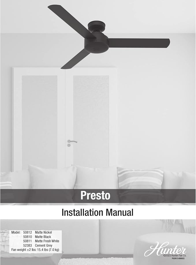 Hunter Presto, Indoor, Ceiling Fan, No Light, Modern, 52 inch, Dove Grey | Standard Mount, Wall Control, 3 Blades, For Bedroom, Living Room, Kitchen, 52383