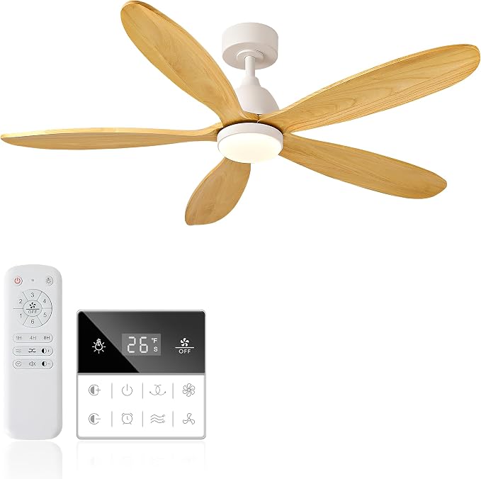 52 Inch Solid Wood Ceiling Fans With Lights, Remote Control, Dimmable, Reversible, Wood Blades, Power-Off Memory, Quiet DC Motor, Indoor/Oudoor Ceiling Fan with Light for Patio,Livingroom