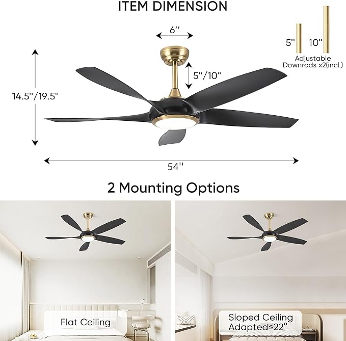 54'' Ceiling Fans with Lights, Indoor/Outdoor Modern Ceiling Fan with Remote, ABS Plastic Blades, Reversible DC Motor, 6 Speeds, 3 Color Lights, ETL Listed, for Bedroom Living Room (Black)