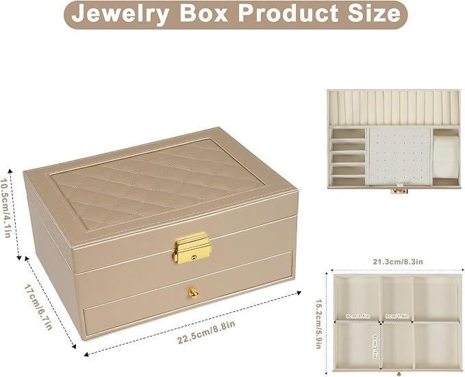 GUOER Jewelry Box for Women Girls, Two Layers Jewelry Organizer (Champagne) | Vintage Quilting Stitching PU Leather, Earrings Bracelets Rings Necklace Watches Storage Large Jewellery Holder Case Gifts