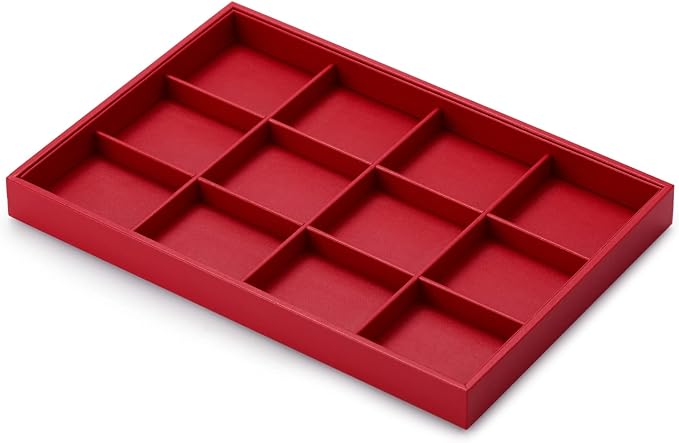 Oirlv Red Leather Jewelry Tray 12-Grid | Red Leather Exterior, Soft Microfiber Interior, 35X24X3Cm Tray with 12 Grid Inserts, Bold Color, Versatile Jewelry Organizer