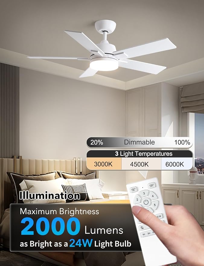 Rayqueen 42 Inch White Ceiling Fans with Lights and Remote,Includes Downrod | 6 Speed Reversible DC motor,3-color temperature dimmable LED.For indoor/covered outdoor.Modern style for bedroom room