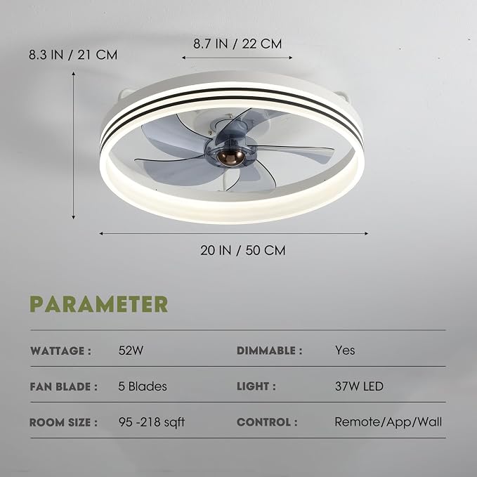 LUDOMIDE Ceiling Fans with Lights, Flush Mount Ceiling Fan with Lights and Remote, 6 Wind Speeds Smart Low Profile Ceiling Fan for Bedroom, Dining Room and Kitchen 20" (White)