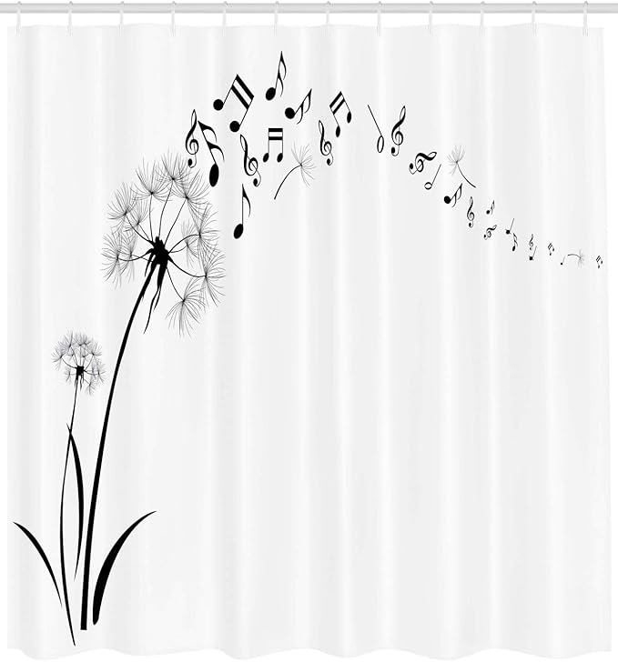 Ambesonne Music Lover Shower Curtain, Flying Dandelions with Notes Summer Spring Meadow Simple, Cloth Fabric for Bath Home and House Luxury Hotel Series Set with Hooks, 69" W x 70" L, Black and White
